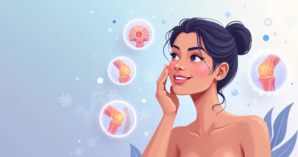 Ilustração de mulher tocando o rosto e destaque de articulações saudáveis