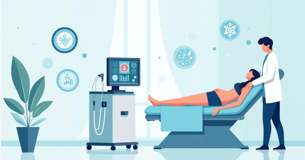 Ilustração de sessão de criolipólise em clínica de estética moderna