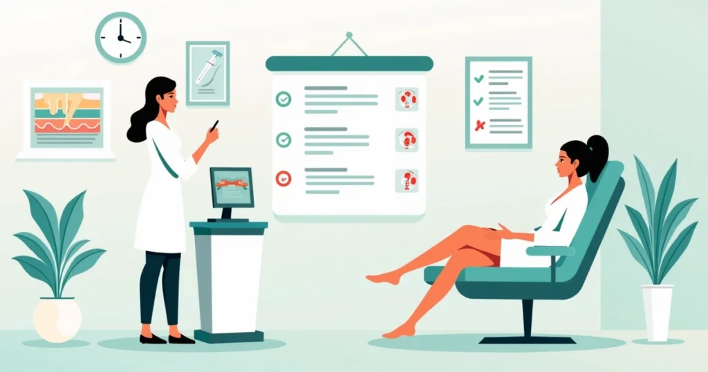 Mulher em clínica apontando para áreas da pele com erros na depilação a laser