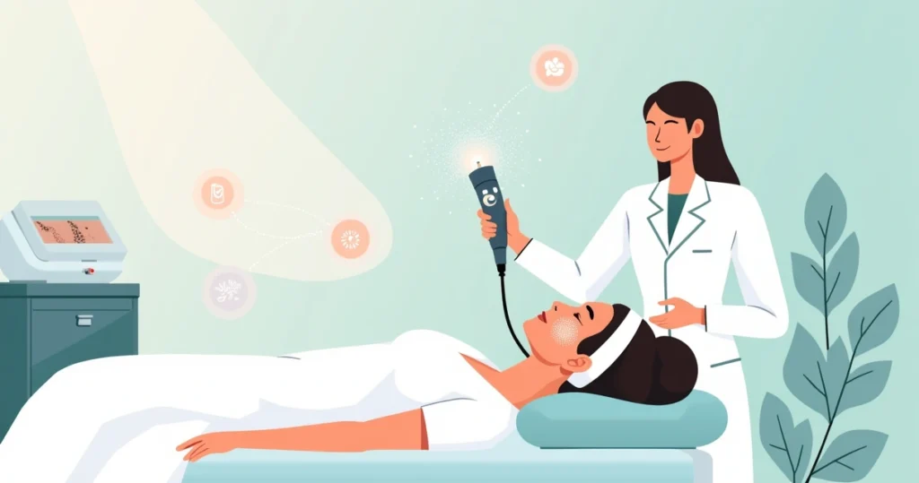 Profissional aplicando laser de Thulium fracionado no rosto de paciente em clínica de estética moderna