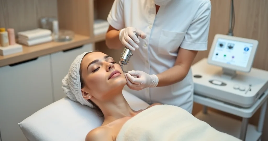 Aplicação de radiofrequência facial em clínica de estética moderna