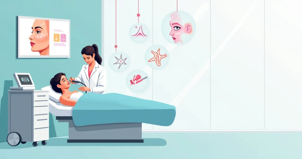 Mulher em clínica de estética recebendo tratamento facial de rejuvenescimento não invasivo