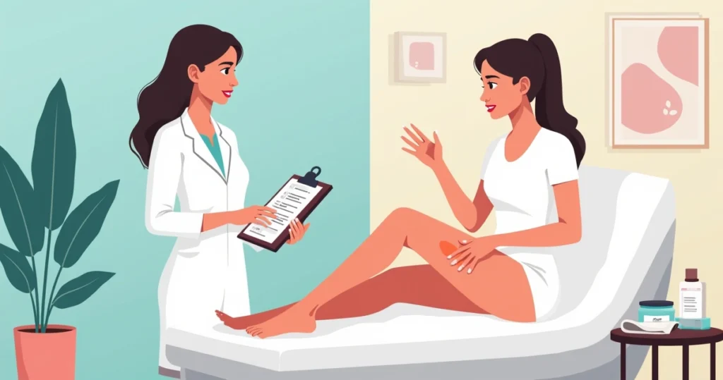 Mulher tocando a pele das pernas levemente avermelhada após depilação a laser