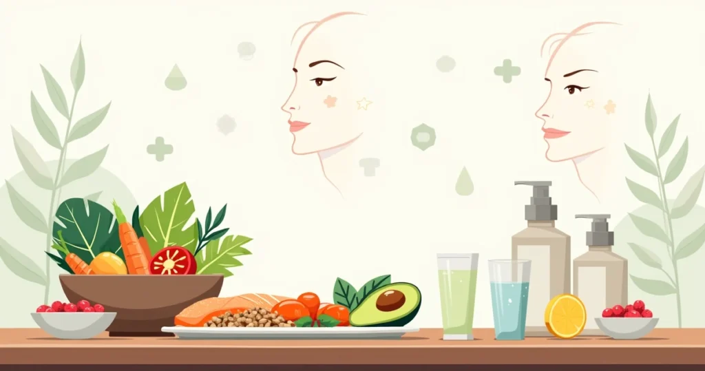 Mesa com alimentos saudáveis ao lado de produtos de cuidados com a pele e rosto feminino ilustrado