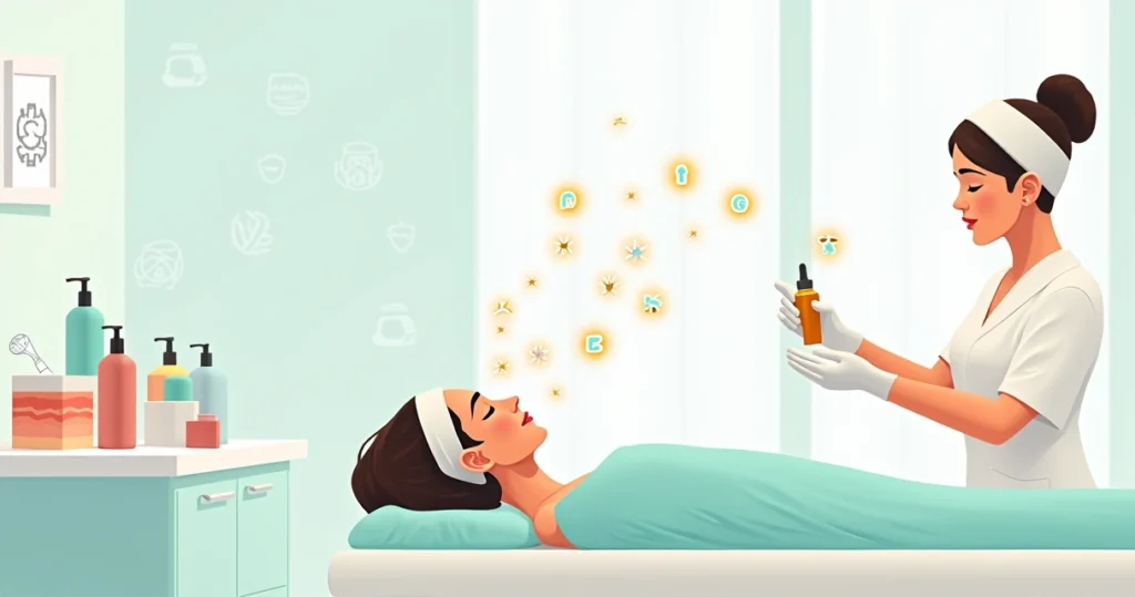 Ilustração de esteticista aplicando tratamento facial com conceito de antioxidantes