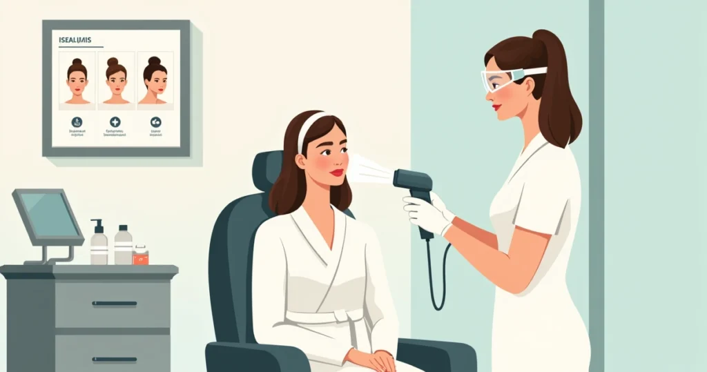 Mulher em clínica de estética avaliando se é candidata para luz pulsada no rosto