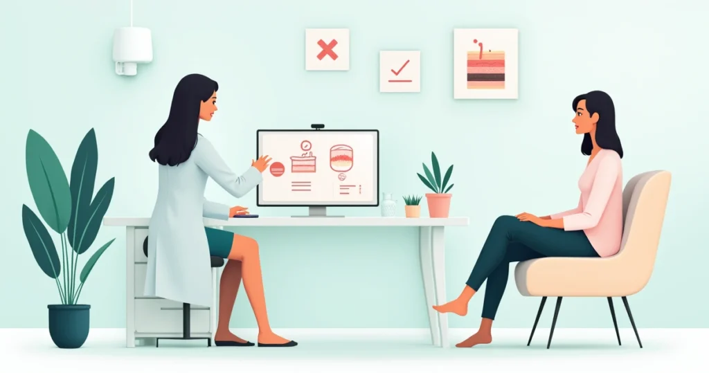 Profissional de estética explicando tratamentos a laser para paciente em clínica moderna