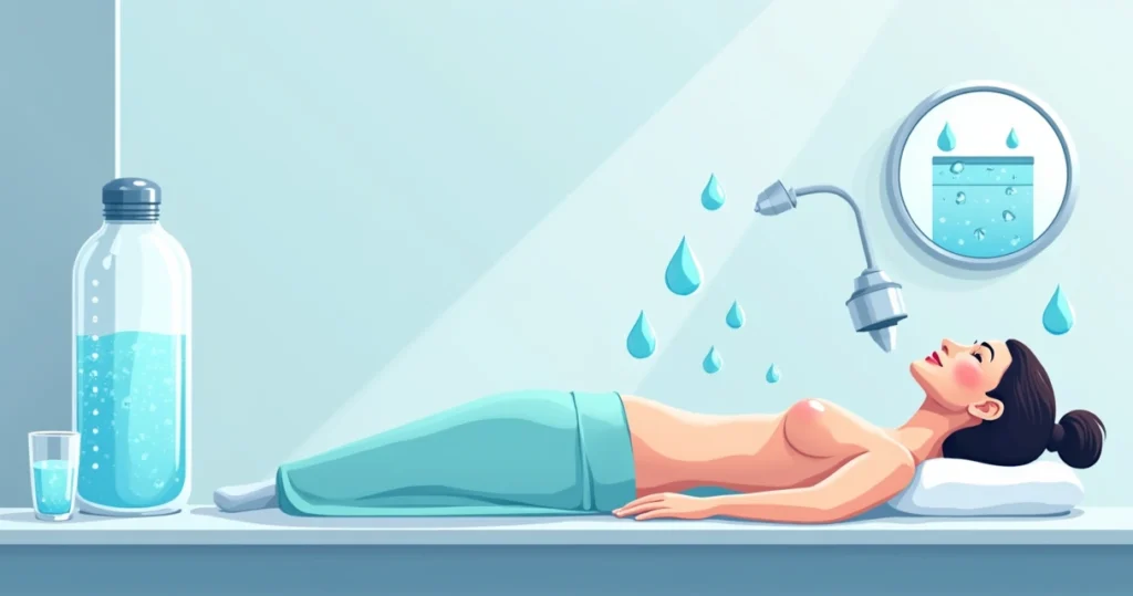 Ilustração de mulher em maca fazendo criolipólise com destaque para garrafa de água e pele hidratada