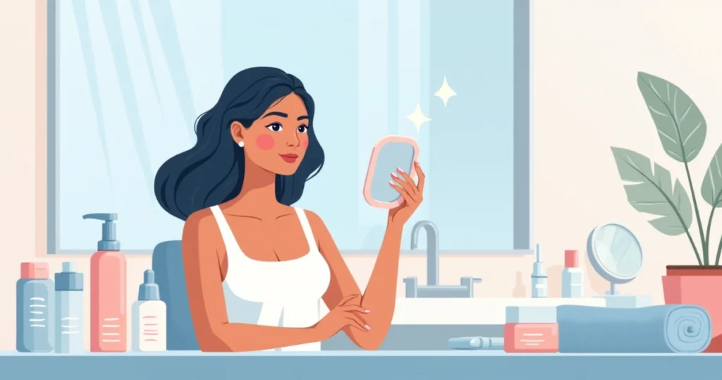 Mulher cuidando da pele com produtos de skincare em ambiente de clínica estética