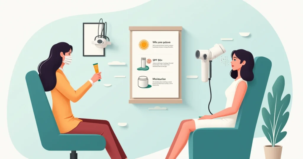 Mulher em clínica de estética recebendo orientação de cuidados após luz pulsada no rosto