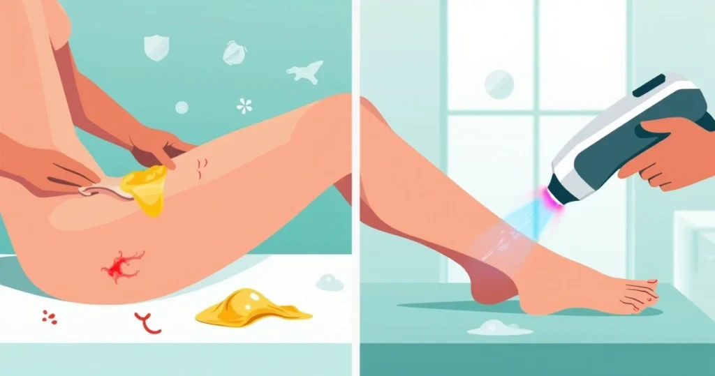 Ilustração comparando depilação a cera e depilação a laser em ambiente de clínica estética