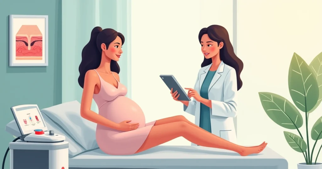 Gestante em clínica avaliando depilação a laser com profissional de estética