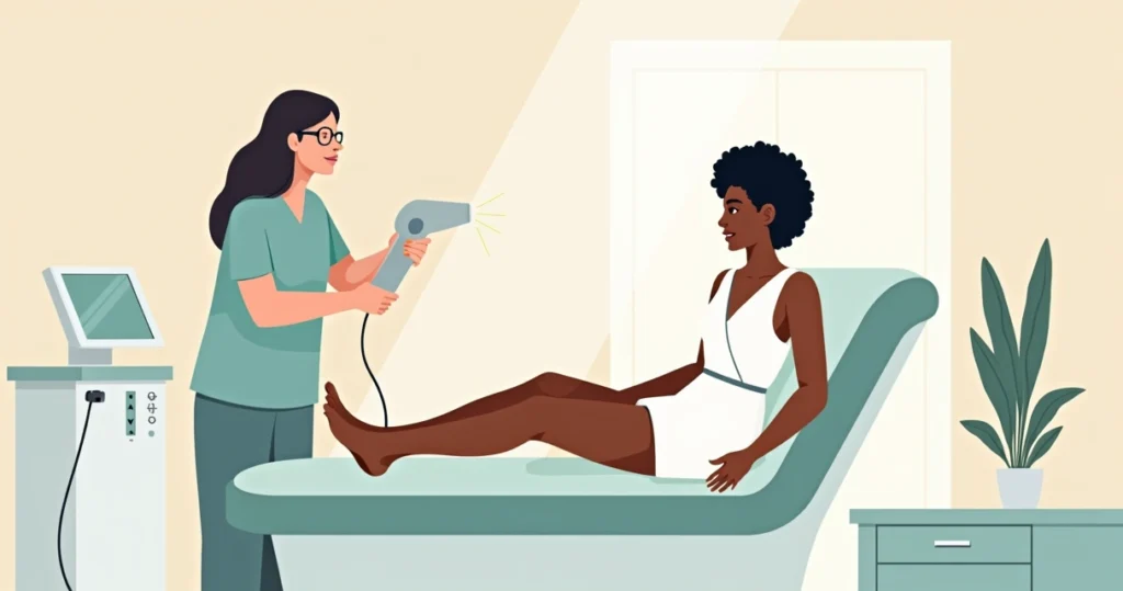 Mulher de pele negra em clínica recebendo depilação a laser na perna