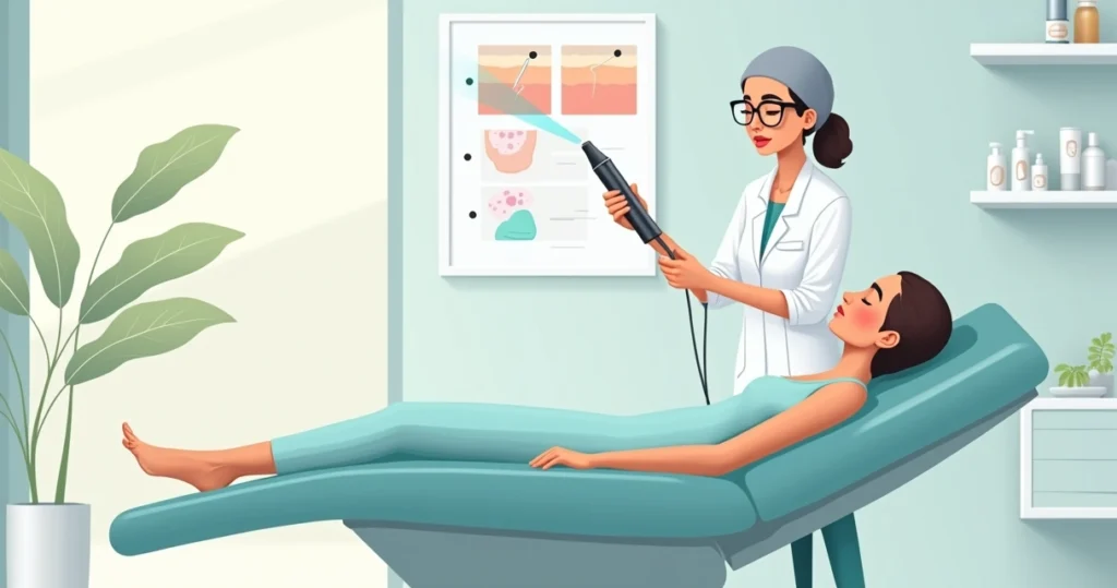 Profissional aplica laser em sobrancelha de cliente em clínica de estética moderna