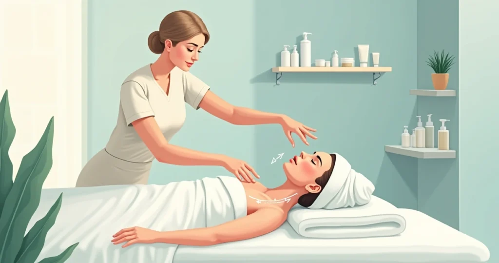 Ilustração de mulher recebendo drenagem linfática facial em clínica de estética