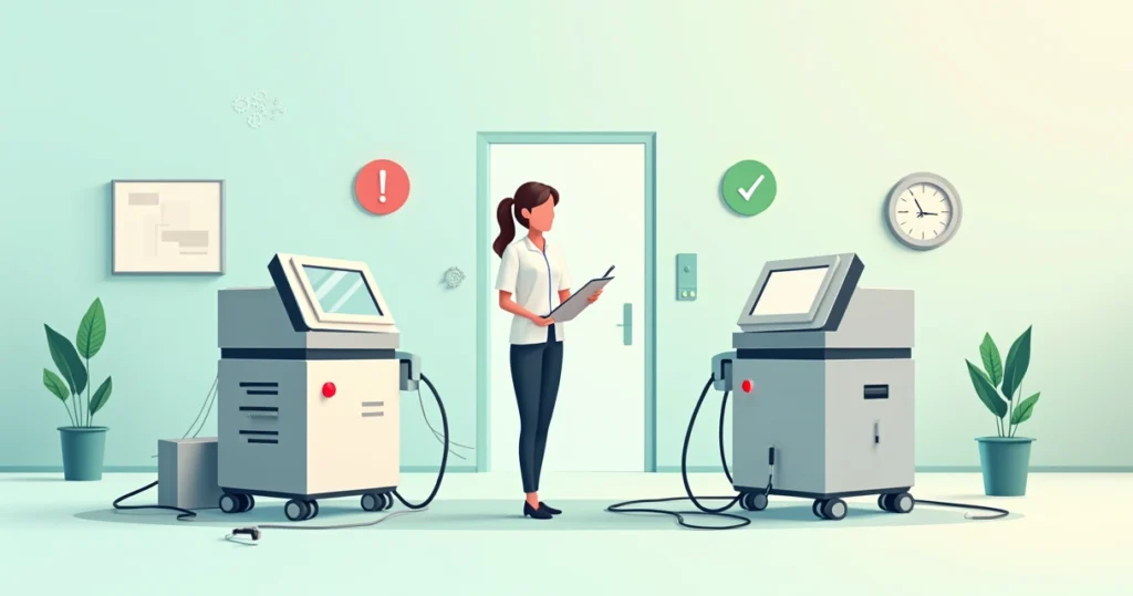 Profissional de estética avaliando equipamentos antigos e modernos lado a lado em uma clínica