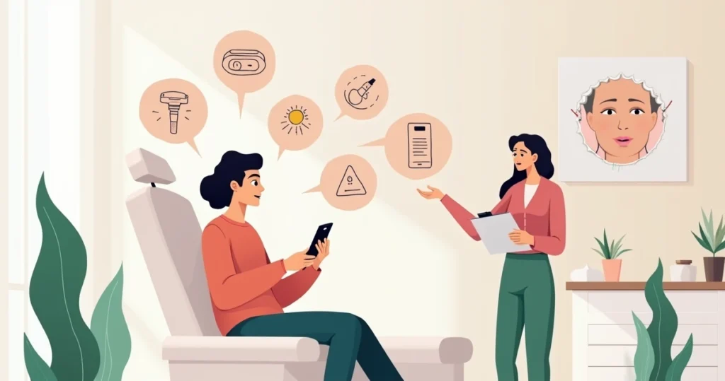 Ilustração de jovem em clínica estética confusa diante de diferentes tratamentos