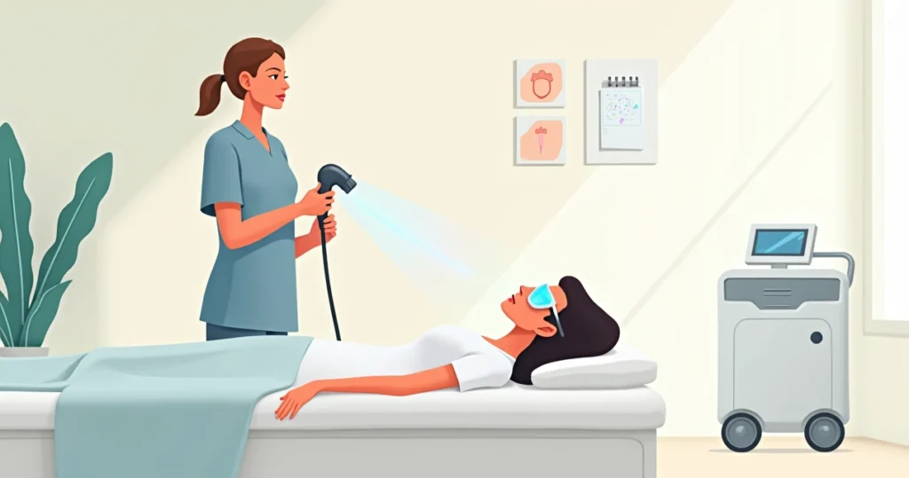 Mulher em clínica de estética recebendo fotorejuvenescimento facial com aparelho de luz