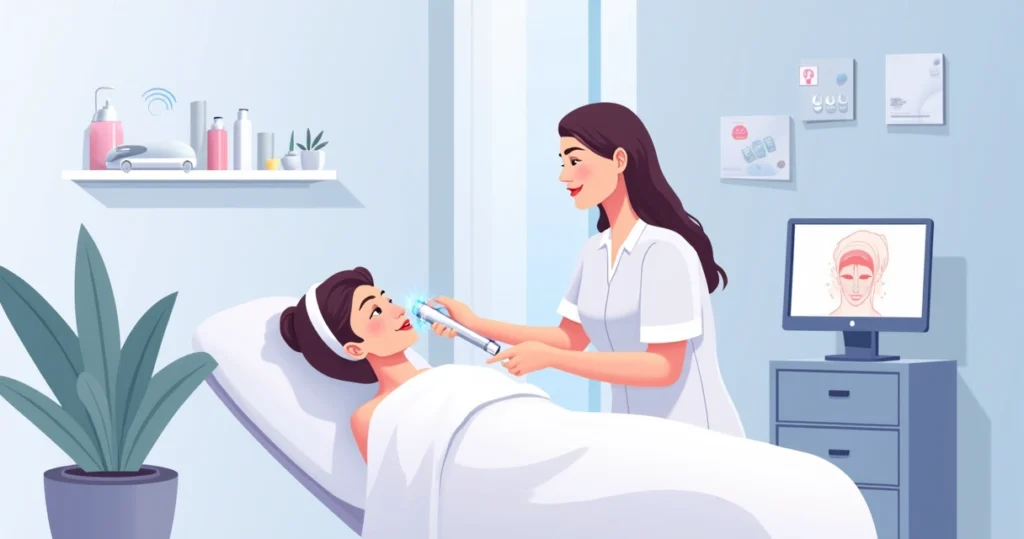 Mulher em clínica recebendo tratamento de harmonização facial sem agulhas