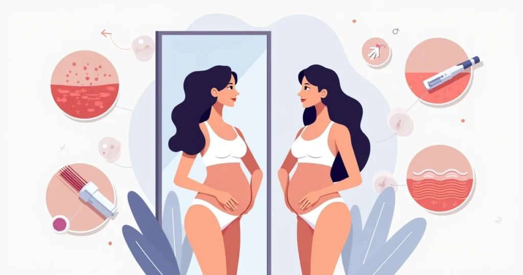 Ilustração de mulher observando estrias na barriga com destaque para tratamentos modernos