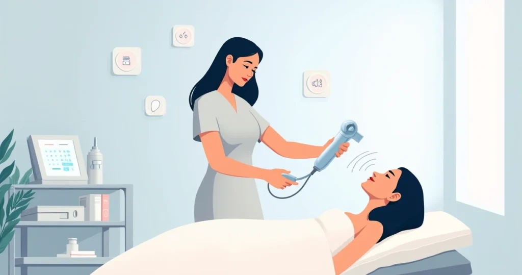 Ilustração de mulher recebendo peeling ultrassônico no rosto em clínica de estética moderna