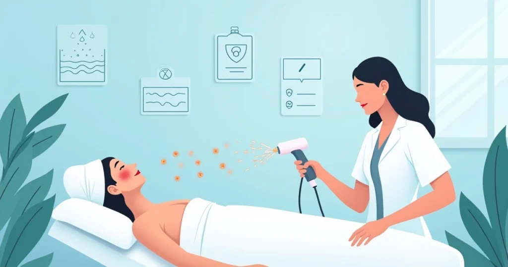 Ilustração de tratamento facial com plasma fracionado para acne em clínica moderna