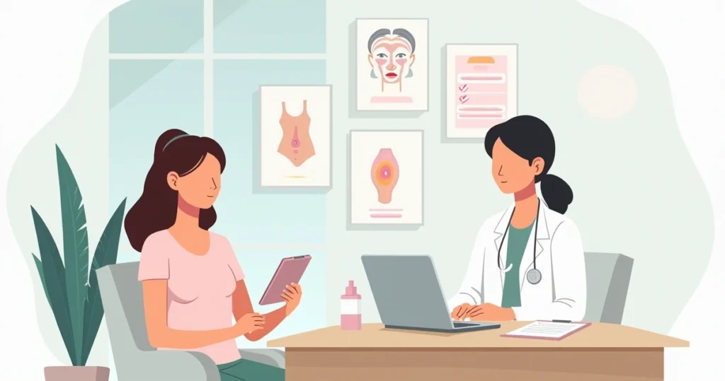 Profissional de estética em pré-consulta com paciente em clínica moderna