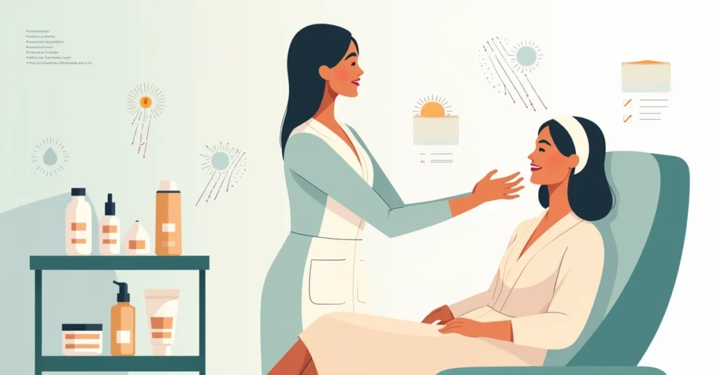 Ilustração de mulher preparando a pele para procedimento de laser no rosto em clínica estética