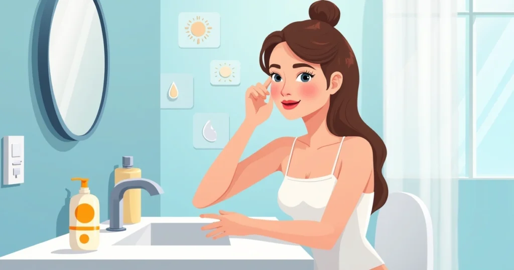 Mulher com pele acneica aplicando protetor solar no rosto diante do espelho