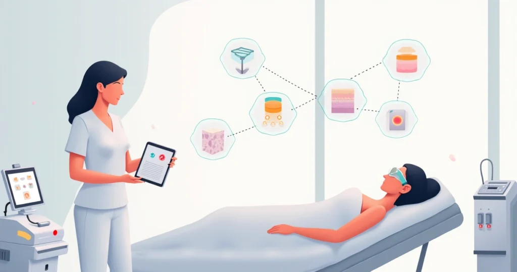 Profissional de estética ajustando equipamentos de laser e radiofrequência em uma paciente deitada em maca