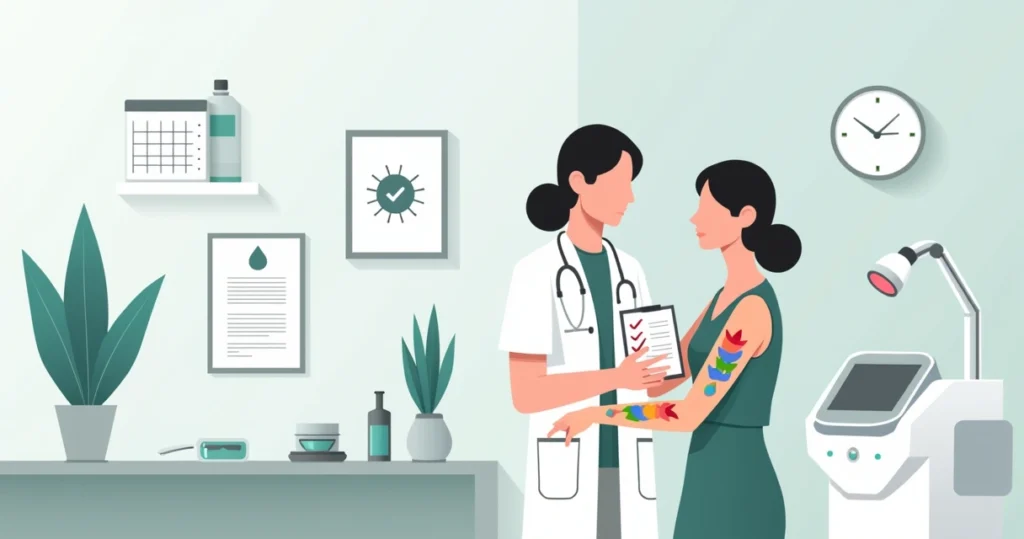 Profissional de estética avaliando tatuagem colorida no braço de paciente em clínica moderna