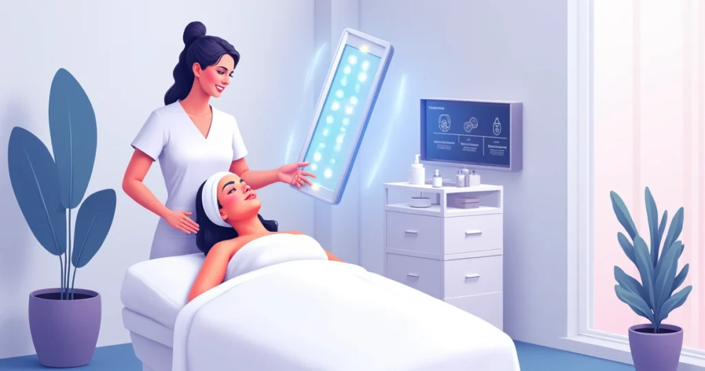 Mulher em clínica recebendo sessão de LED no rosto deitada em maca estética