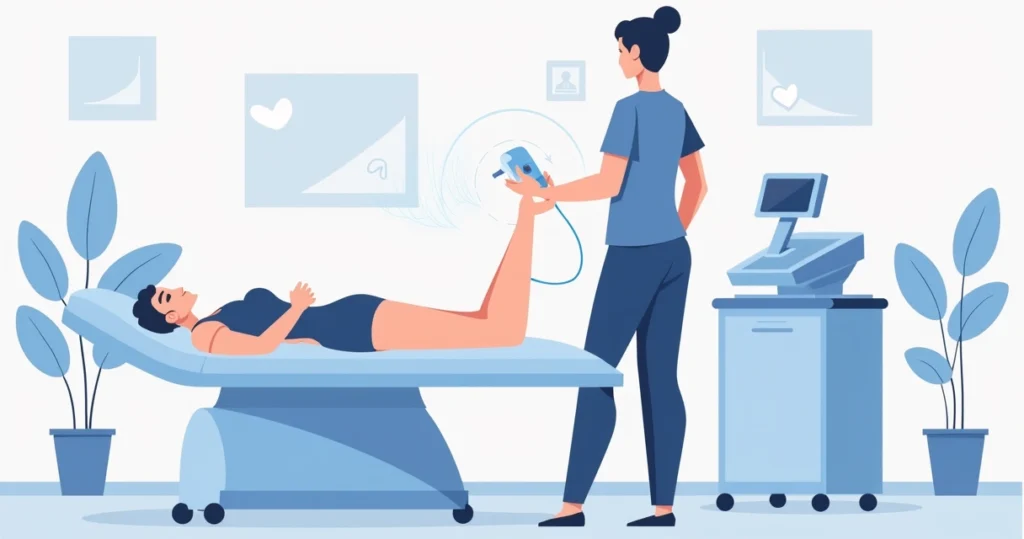 Ilustração de profissional aplicando ultrassom em cicatriz no antebraço de paciente em clínica estética moderna