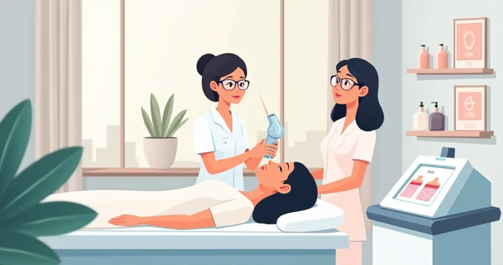 Ilustração de mulher em clínica recebendo laser no rosto para manchas solares