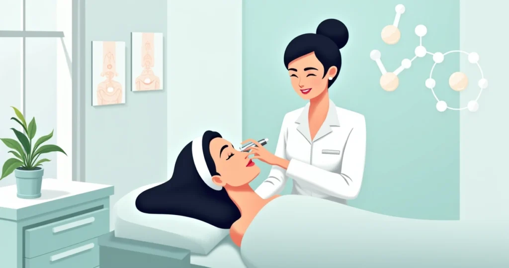 Mulher em consultório de estética recebendo tratamento profissional para olheiras