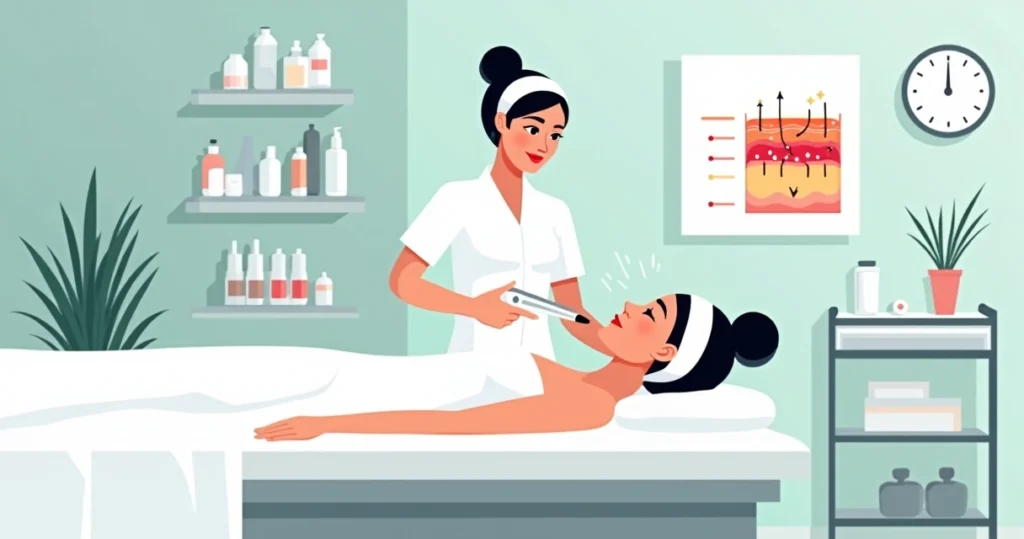 Ilustração de mulher em clínica de estética recebendo tratamento facial para poros dilatados