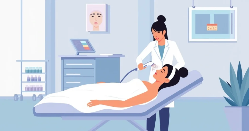 Ilustração de mulher recebendo tratamento para vasinhos no rosto em clínica estética