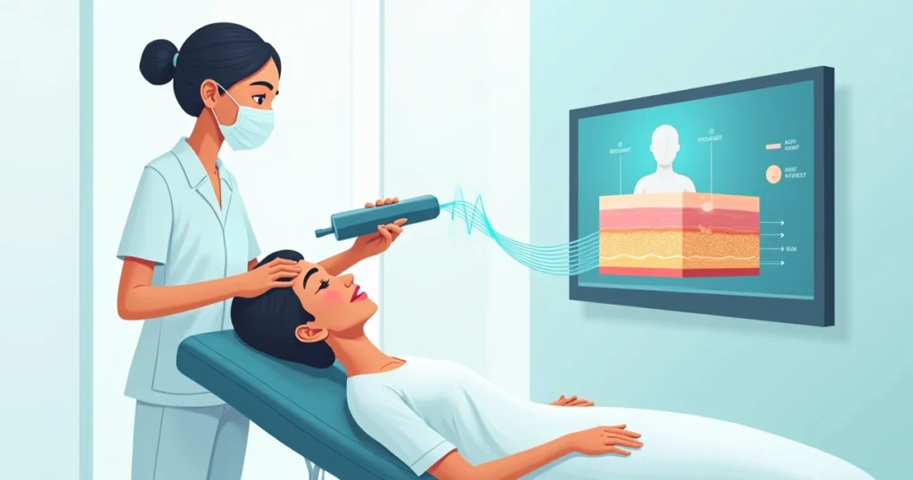 Ilustração de profissional aplicando ultrassom microfocado em rosto feminino em clínica moderna