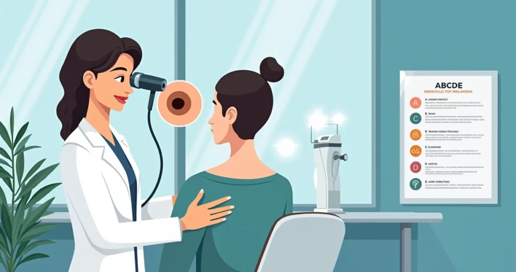 Dermatologista analisando pintas em close com dermatoscópio e esquema ABCDE ao fundo