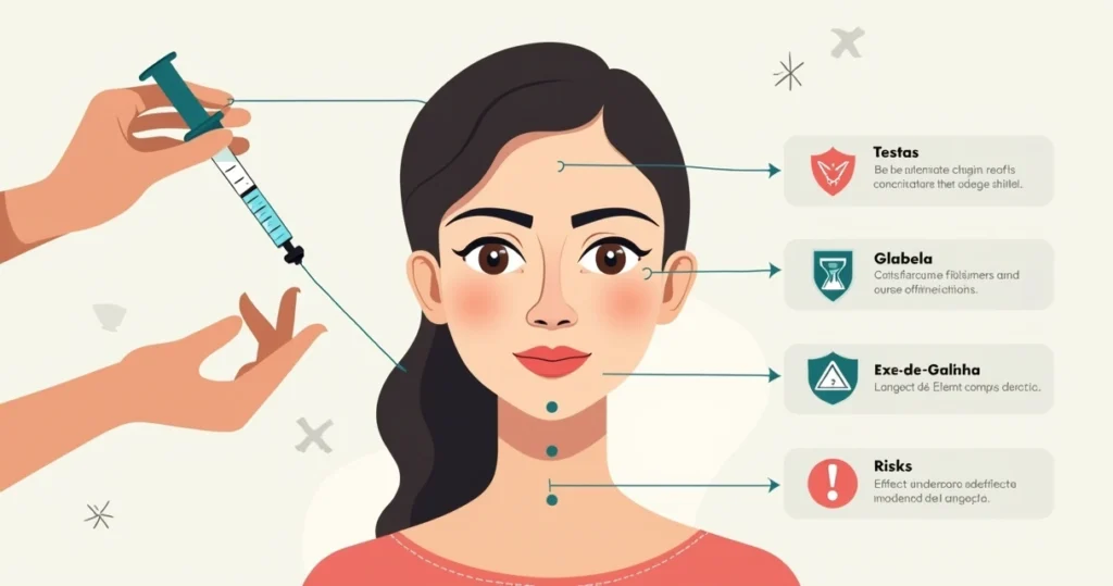 Ilustração educacional sobre aplicações e riscos do botox no rosto
