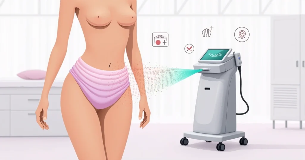 Ilustração abstrata de tratamento a laser para clareamento íntimo feminino em ambiente de clínica moderna