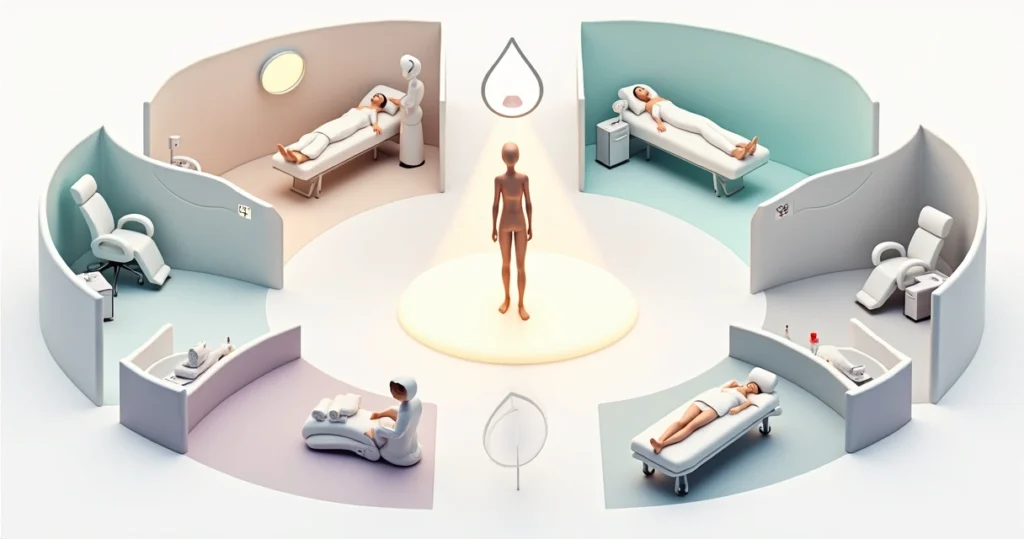 Ilustração de clínica de estética avançada com tratamentos variados e sensação de bem-estar