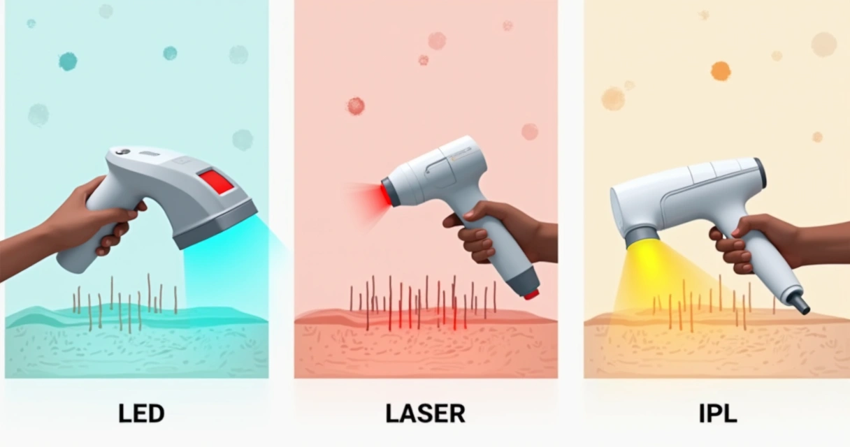 Ilustração comparando os aplicadores de LED, laser e luz intensa pulsada e a luz que cada um emite