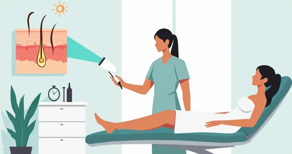 Ilustração de depilação a laser em pernas femininas com detalhe técnico da ação na raiz do pelo