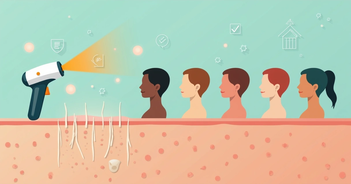 Ilustração de aplicador de luz intensa pulsada diante de pessoas de diferentes tons de pele, sobre um corte da pele com folículos