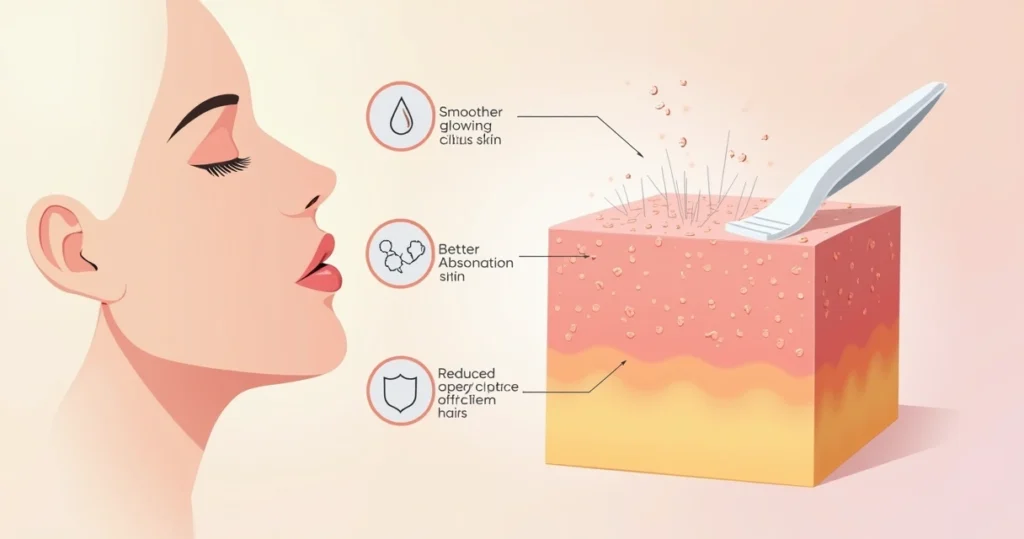 Ilustração de dermaplaning mostrando camadas da pele e lâmina removendo células mortas