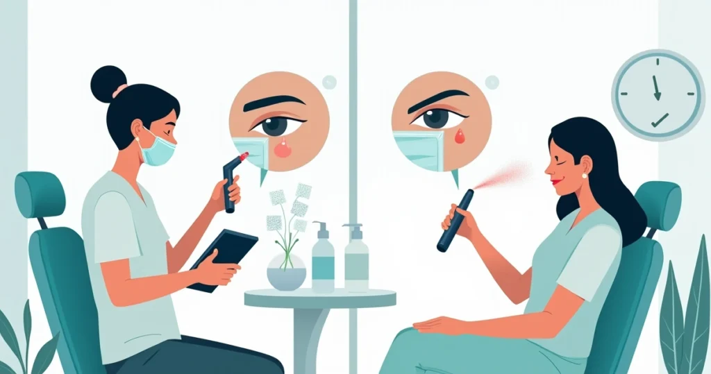 Ilustração de técnica de despigmentação de sobrancelhas em clínica de estética moderna