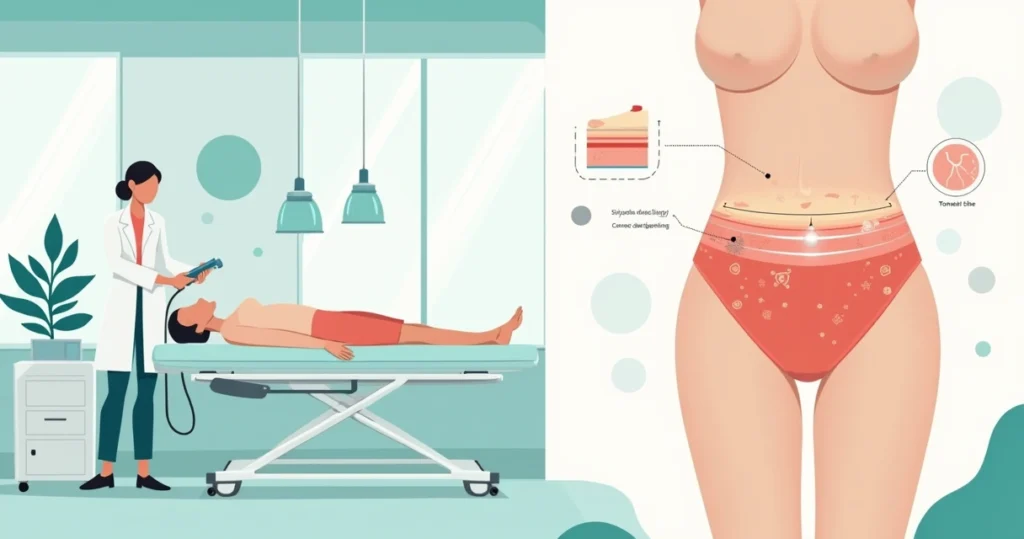Ilustração de tratamento corporal com endolaser mostrando tecnologia e esquema da pele
