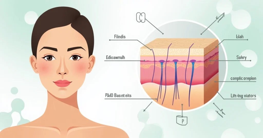 Ilustração de rosto feminino com fios de PDO aplicados nas camadas da pele