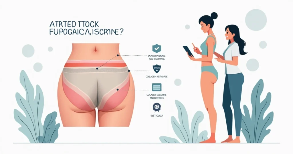 Ilustração de harmonização de glúteos com explicação de técnicas seguras